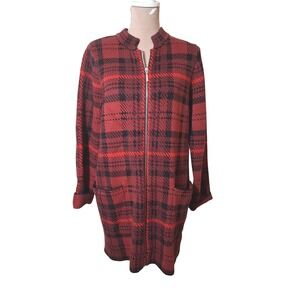 Max Studio Womens Red Black Plaid Zip Front Longline Cardigan Sweater Size L NEW